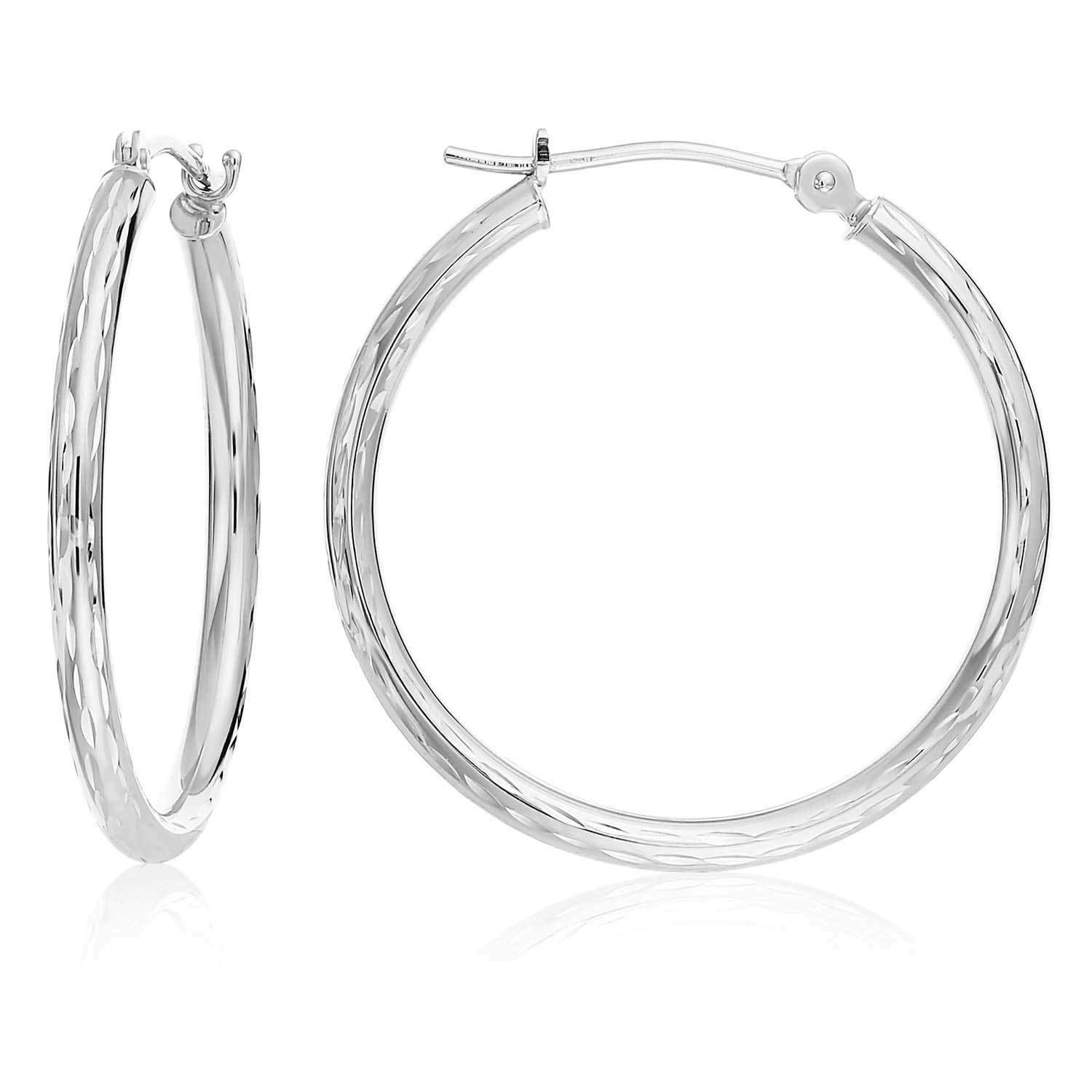 14k White Gold Hand Engraved Full Diamond-cut Round Hoop Earrings