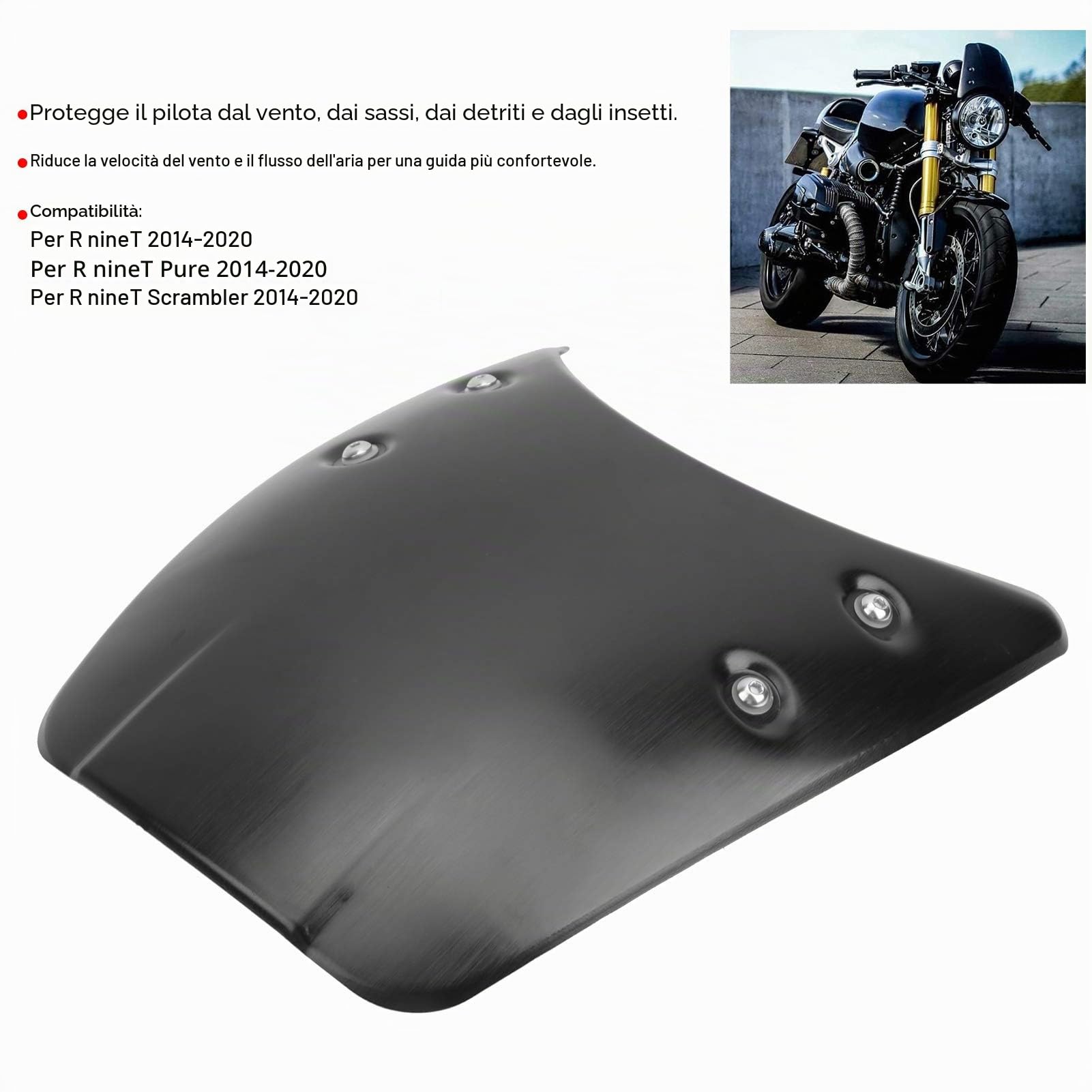 Akozon Parabrezza per moto in alluminio, rivestimento nero per R NineT Pure Scrambler 2014-2020