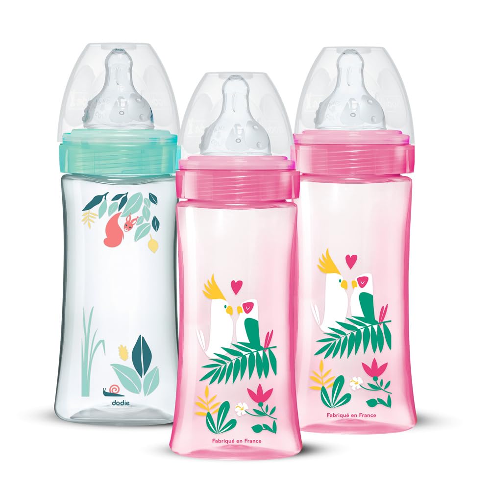 DODIE Set di 3 biberon anticolici, con tettarelle rotonde, 330 ml, 6 mesi, 3 velocità, portata 3, colore: rosa e verde