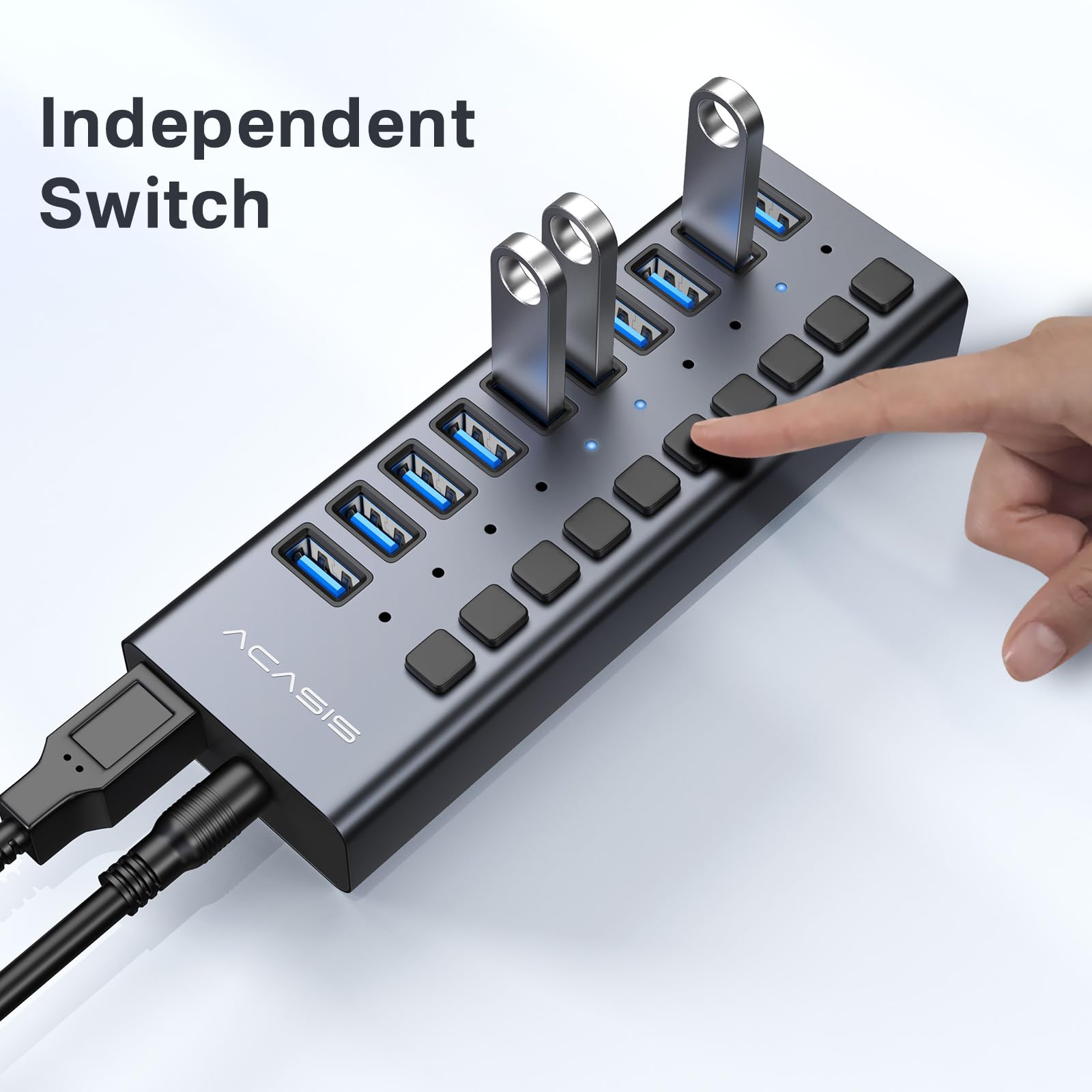 ACASIS Hub USB 3.2 de 10 Puertos, 10 Gbps, Adaptador de Corriente 48W | 10 interruptores independientes LED, velocidad de 10 Gbps, adaptador de 48W incluido, Plug & Play, compatible con PC y Mac
