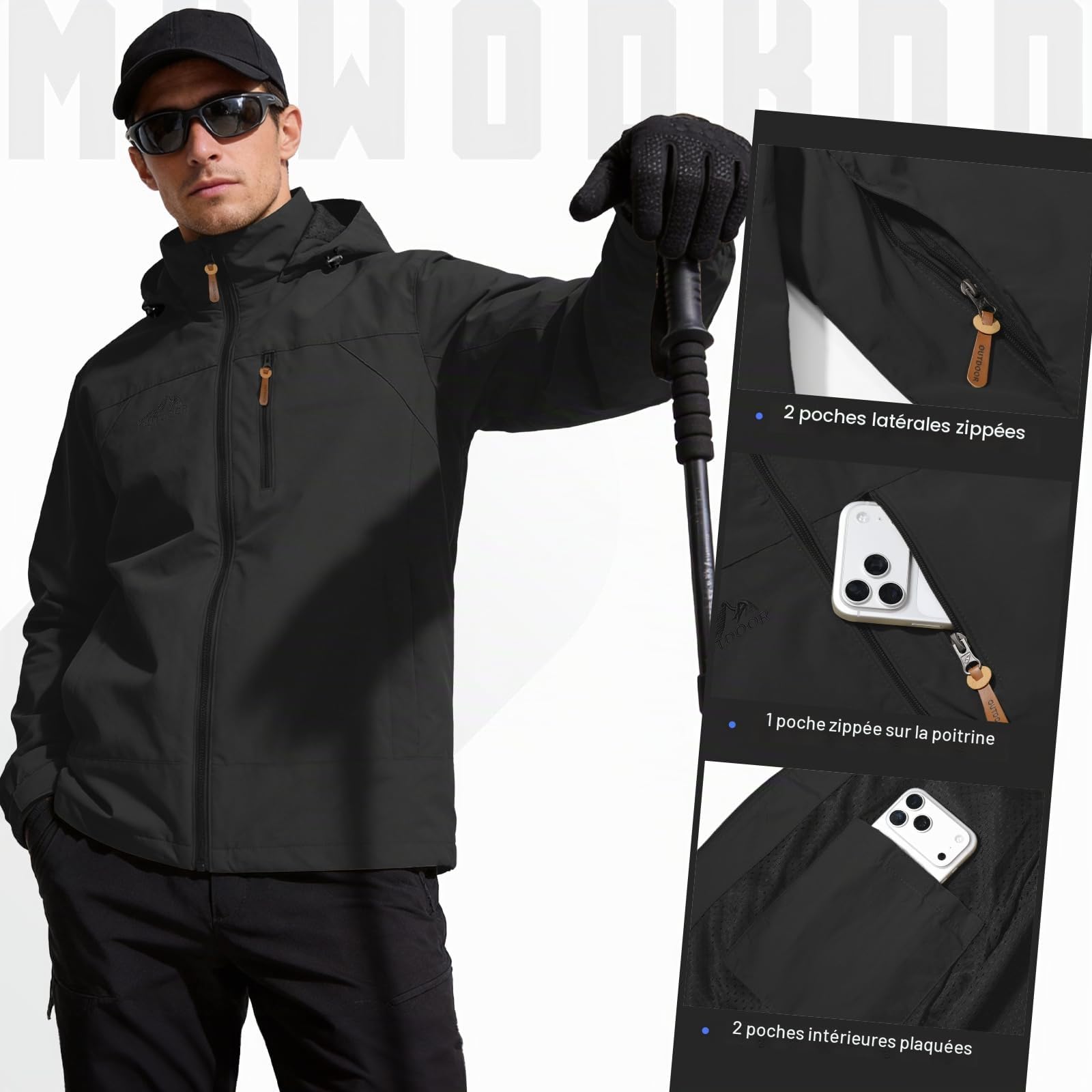 Veste Coupe Vent Homme en Softshell Extérieur avec Capuche | Veste Imperméable Homme Fermeture Eclair Léger Sport Outdoor Manteau Homme Mi Saison pour Voyage Randonnée