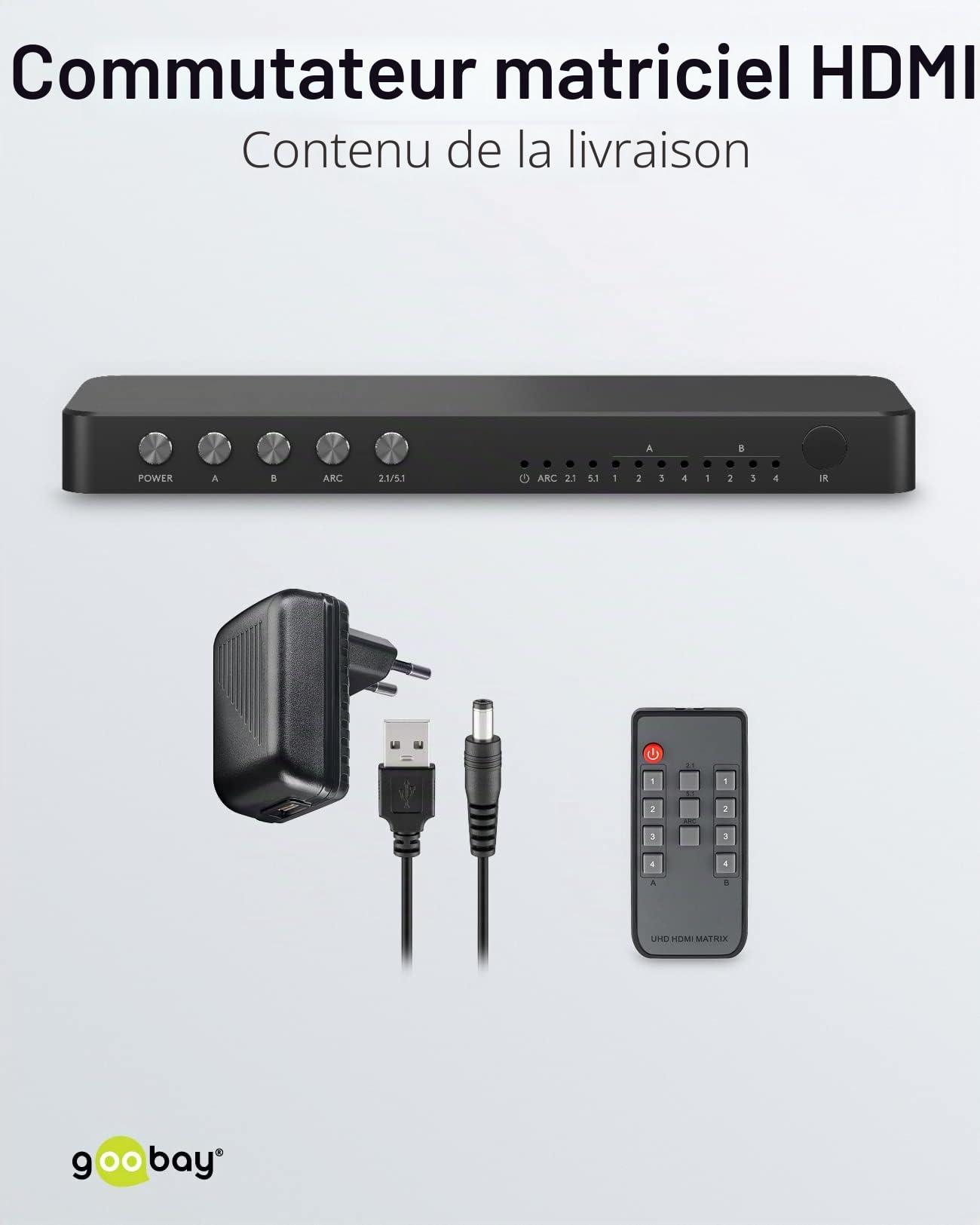goobay Commutateur matriciel HDMI 58479 4 vers 2, répartiteur matriciel 4k à 60 Hz/avec télécommande pour lecteur Blu Ray, Xbox, PS5 et TV/Interrupteur 4 entrées et 2 sorties,Schwarz