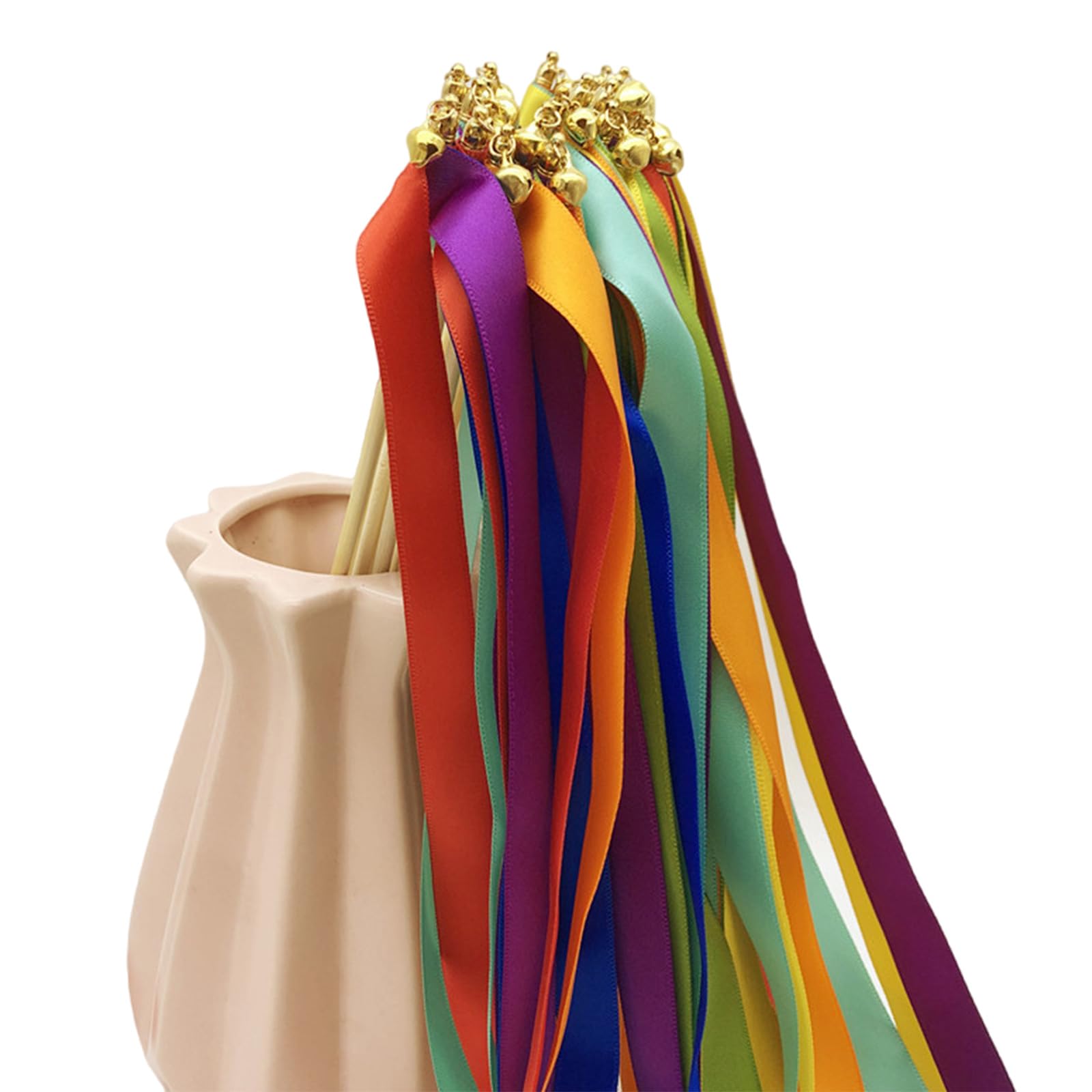 PLCPDM 10pcs Decorative Silk Ribbon Streamers Stick Customizable Wedding Wand with Gold Bells Decoration Parties Supplies Wedding Wand with Bells