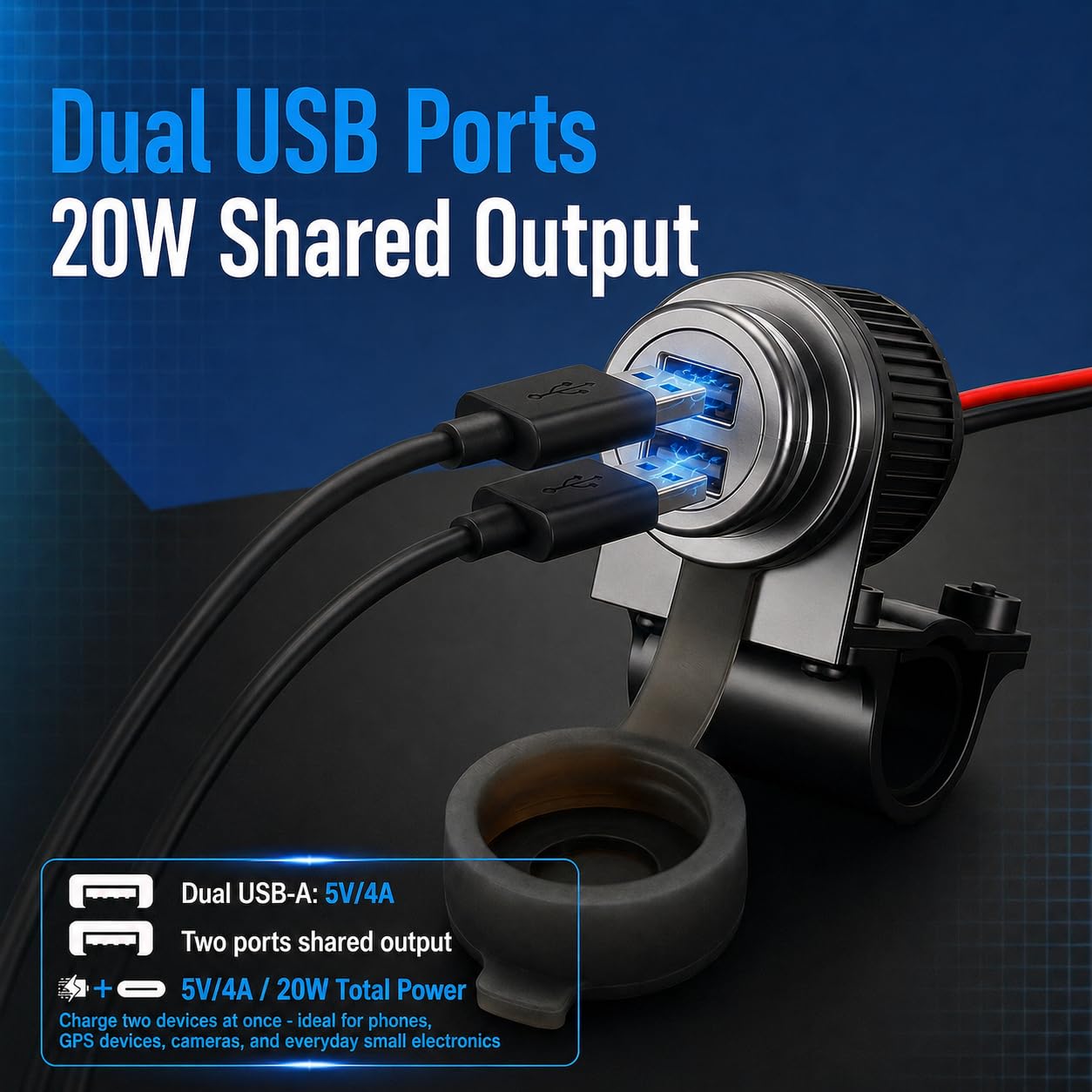 Cliff Top Chargeur USB 4 A 20 W pour Moto, avec Interrupteur d'alimentation magnétique, résistant, étanche pour Guidon de 7/8", 1" sur ATV/UTV - Empêche la décharge de la Batterie
