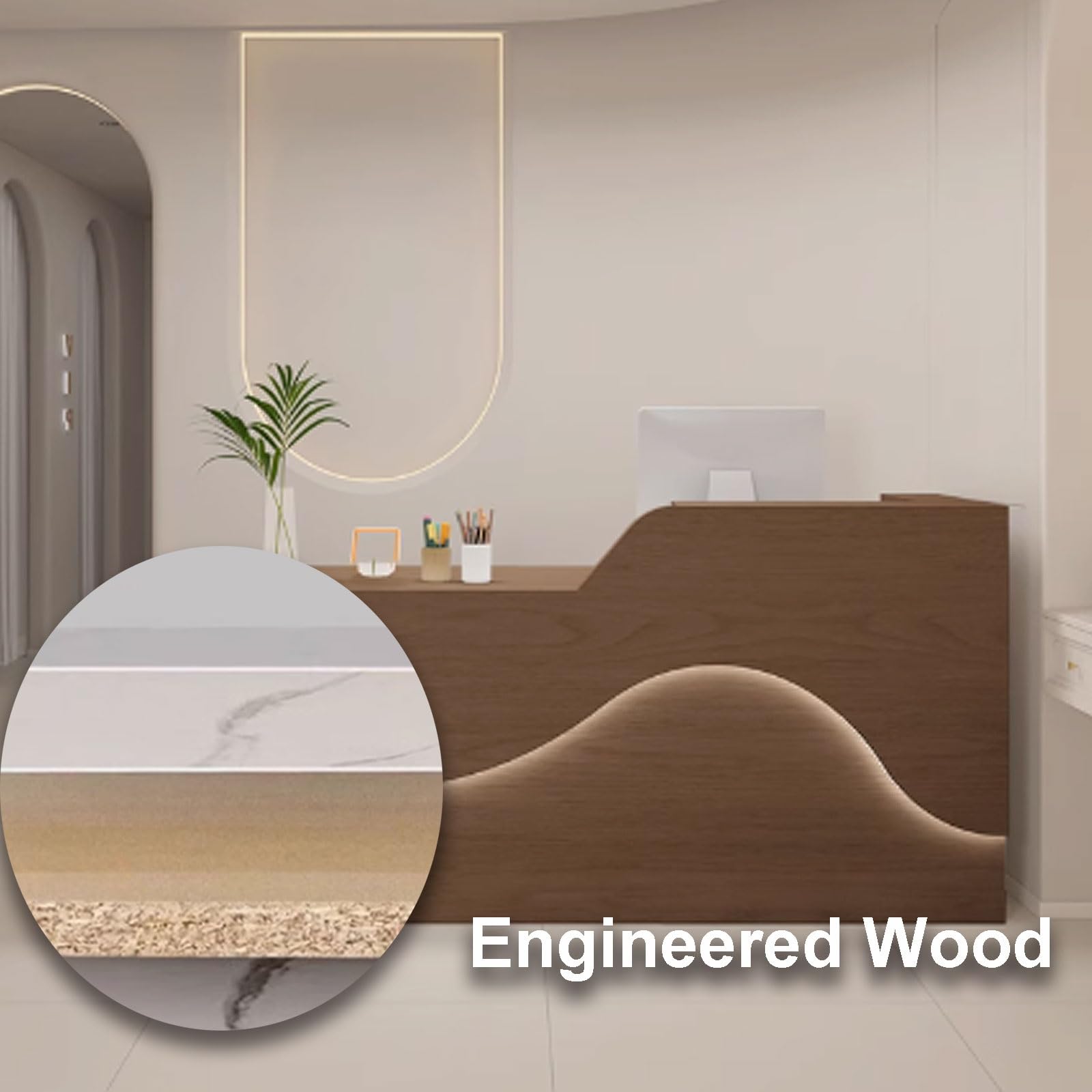 Moderner Empfangstisch, 120 cm, hellbraunes Holz, stilvolle Empfangstheke für Büro & Klinik, entspannende Beleuchtung, elegantes Design für professionelle Räume