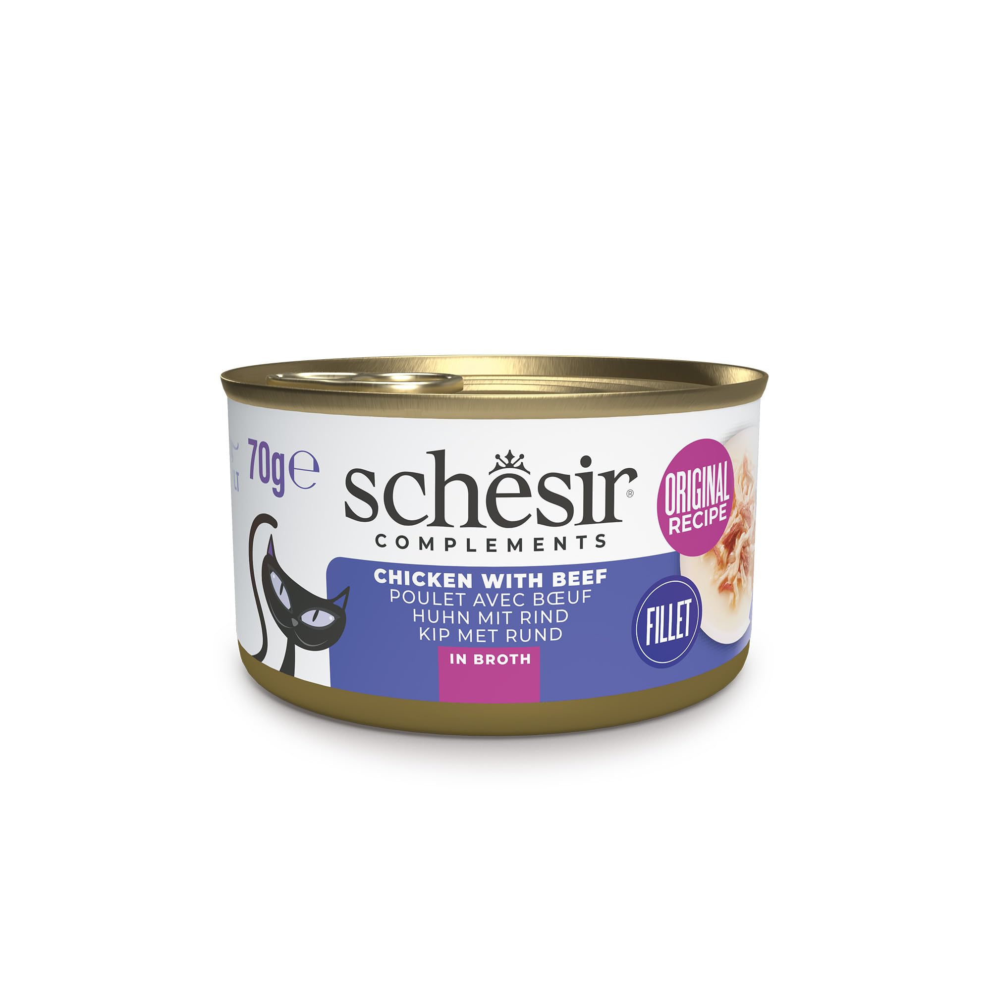 Schesir Filetes de Pollo con Ternera en Caldo de Cocción, Comida Húmeda Complementaria para Gatos, en Latas, Receta Original, 100% Natural, 12 x 70g