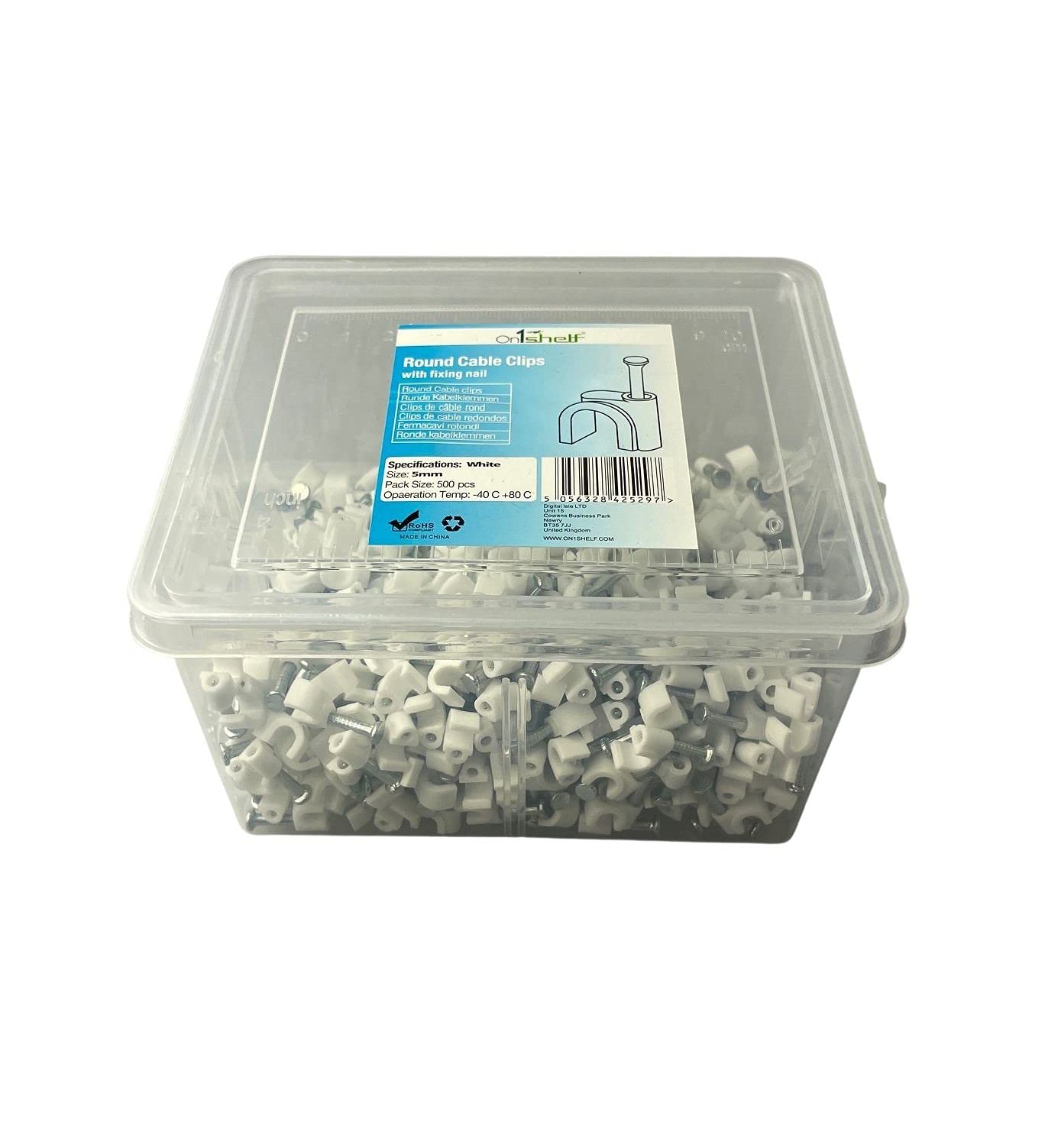 On1shelf White Round Cable Clips K-Type Trade Box, 5Mm- 500 Pieces