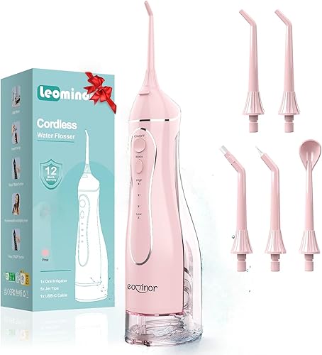 Leominor - Público de irrigador bucal portátil de 10.5 onzas líquidas, tanque mejorado, impermeable, IPX7, limpiador de dientes de viaje recargable,