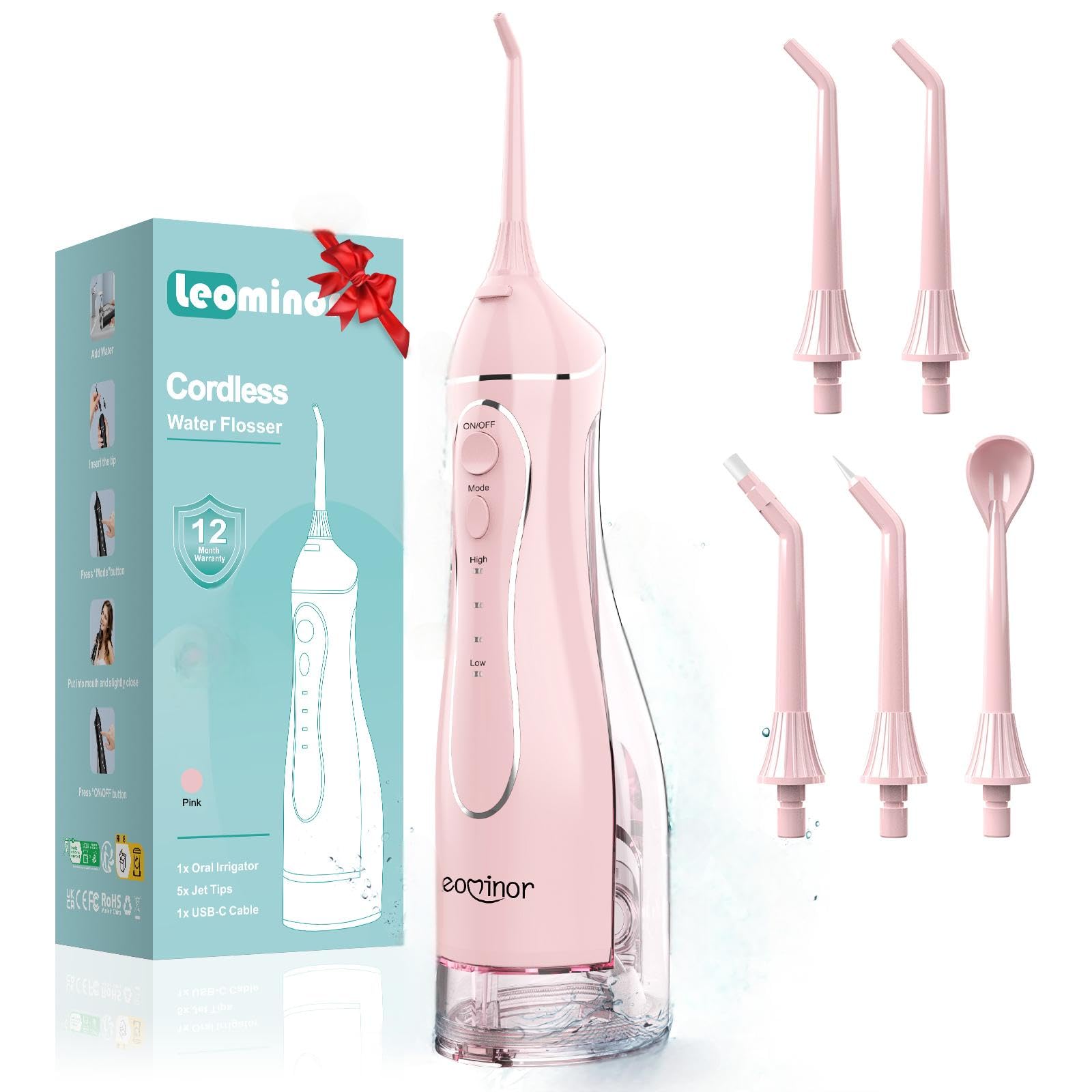Leominor Water Flosser Pick for Teeth, 300ML Portable Oral Irrigator Upgraded Tank Removable,IPX7 Waterproof, Rechargeable Travel Teeth Cleaner,