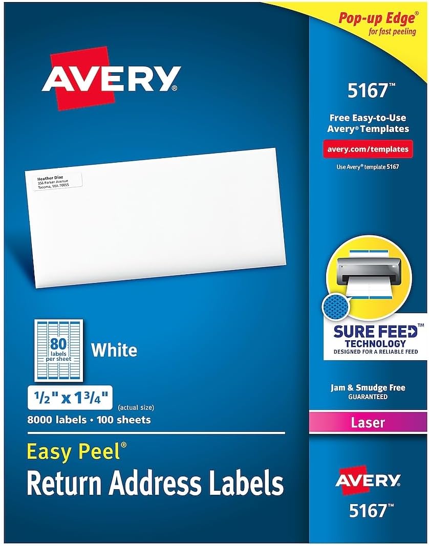 Avery Mailing Address Labels, Laser Printers, 9,200 Labels, 1/2 x 1-3/4, Permanent Adhesive (5167)