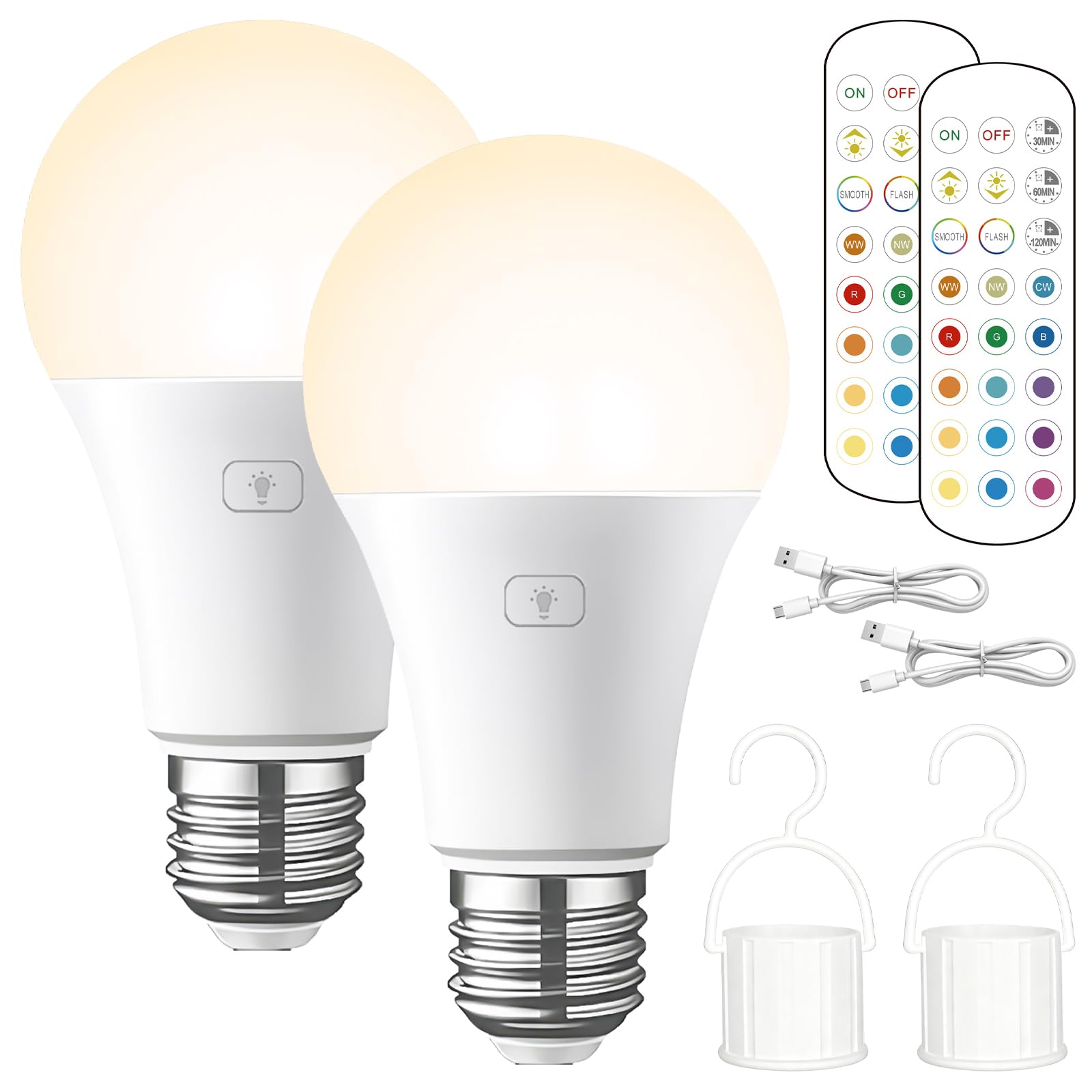 Bombilla con batería: 2 bombillas USB recargables con mando a distancia, bombilla LED E27 E RGB, bombilla recargable con control táctil, 15 colores, LED regulable con función de temporización