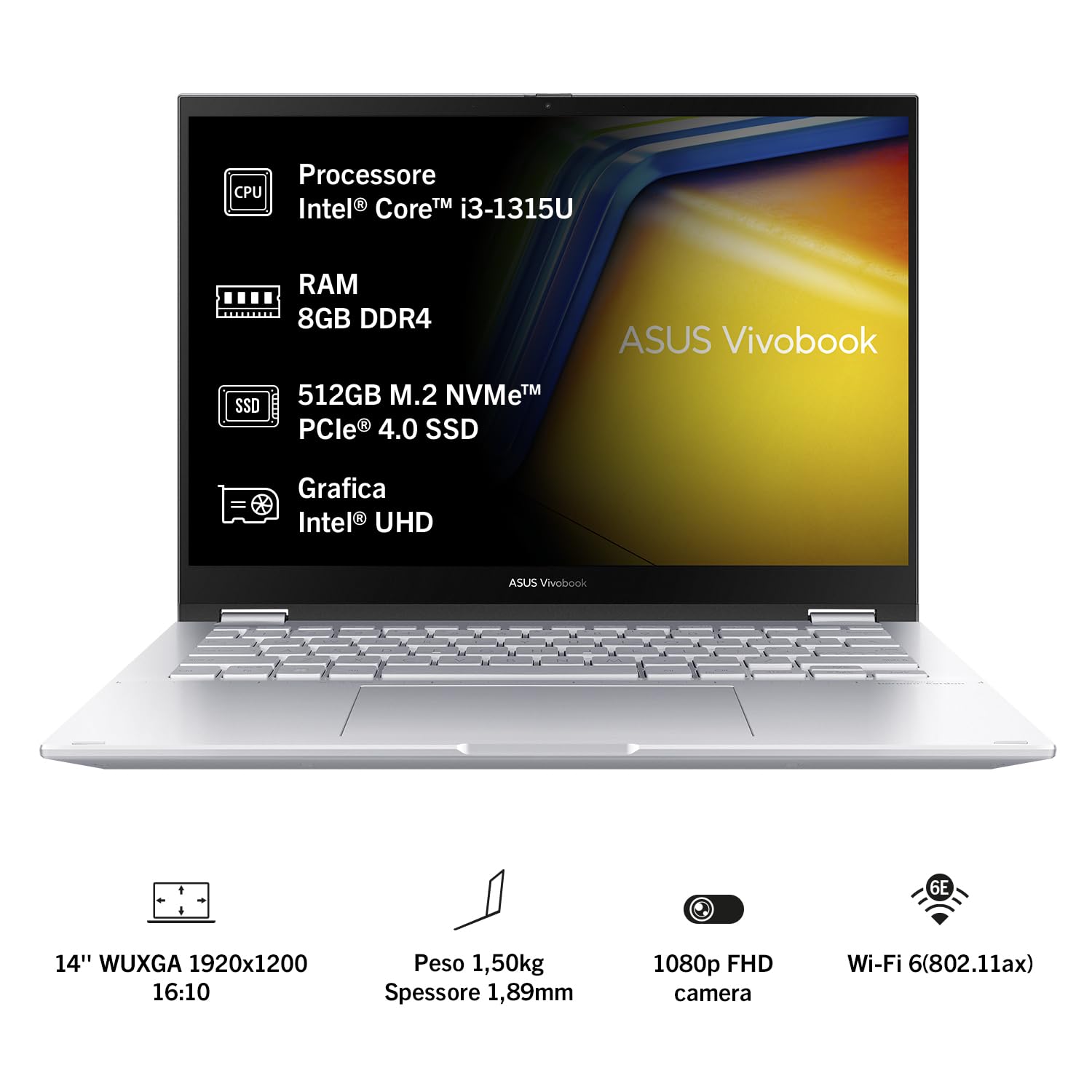 Asus Vivobook S14 Flip TP3402VA#B086ZSC8K7, Notebook in alluminio Monitor 14" WUXGA 16:10 Glossy Touch, Intel Core 13 gen i3-1315U, RAM 8GB, 512GB SSD PCIE, Intel UHD Graphics, WIN 11 HOME, Argento