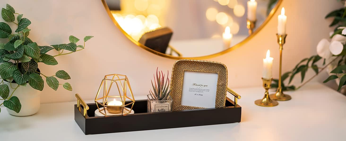 Hanobe Rectangle Long Narrow Tray: Decorative Trays Rectangular Candle Holder Trays for Home Decor White Centerpiece Tray Decor Serving Tray with Gold Handles for Dining Table Coffee Bar Living Room - Image 6