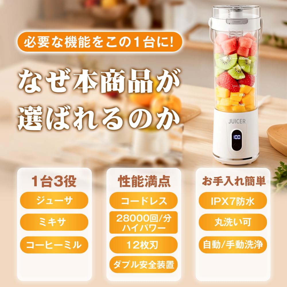 Amazon | ジューサー ミキサー 600ML 12枚刃 28000r/min高速回転 自動