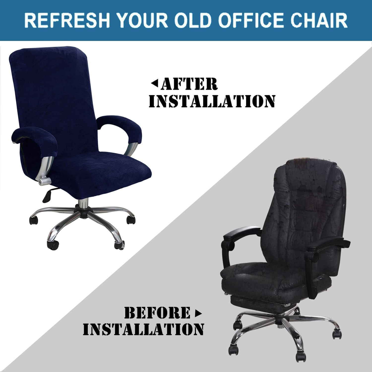 Velvet Office Chair Cover Stretch Computer Desk Chair Slipcover High Back Computer Office Chair Cover with Arm Covers Universal Boss Swivel Chair Covers Rotating Chair Slipcover (Navy, Medium)