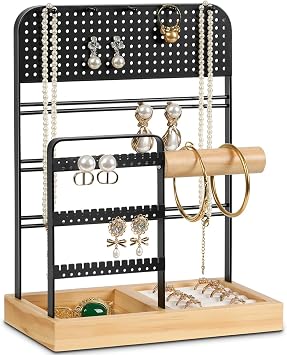 5-Tier Jewelry Holder,Jewelry Organizer Stand with Tray,Wood Earring Holder Organizer,Jewellery Display for Vendors for Stud,Earring, Necklace,Bracelet, Rings,Room Decor, Black