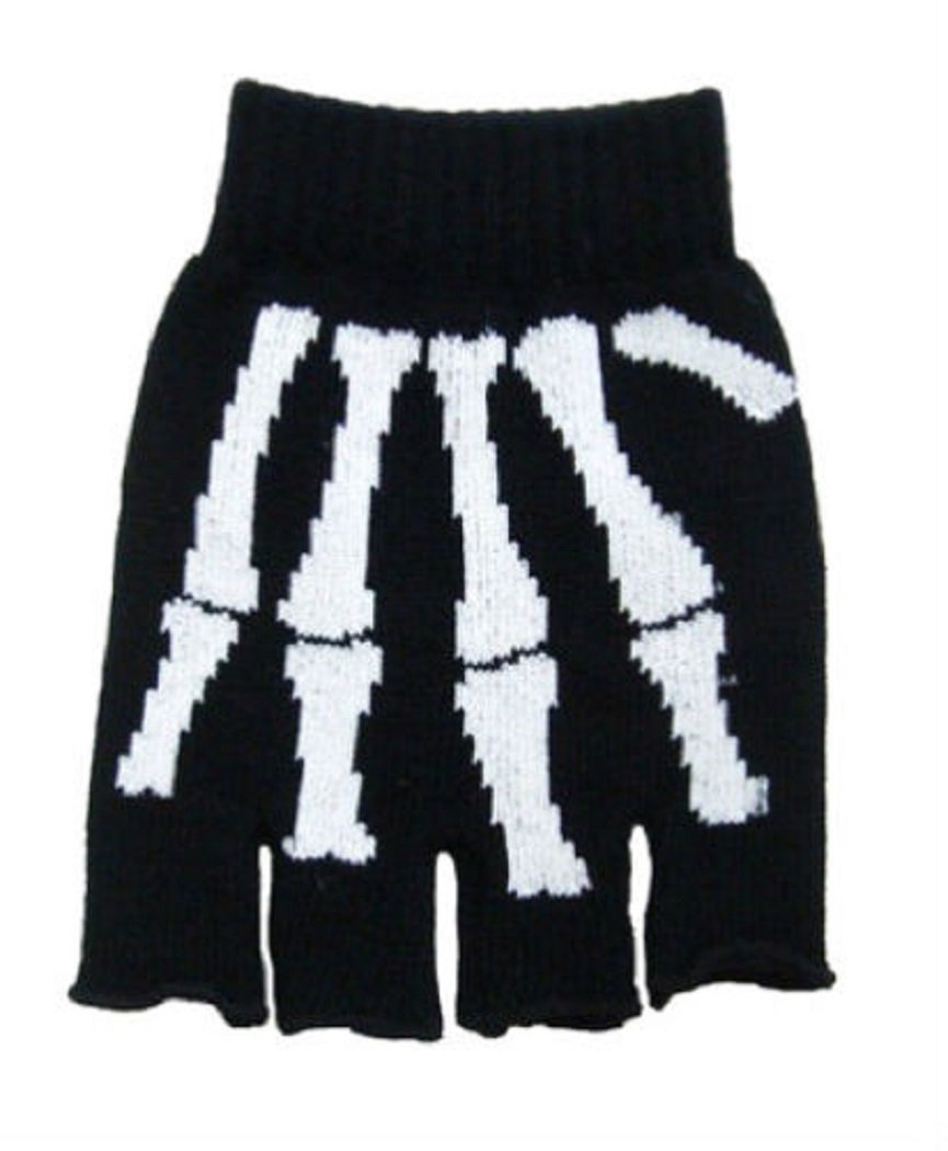 FX Fingerless gloves Skeleton Hand Bones Halloween Knitted Black Mitts Goth with Knitted Design