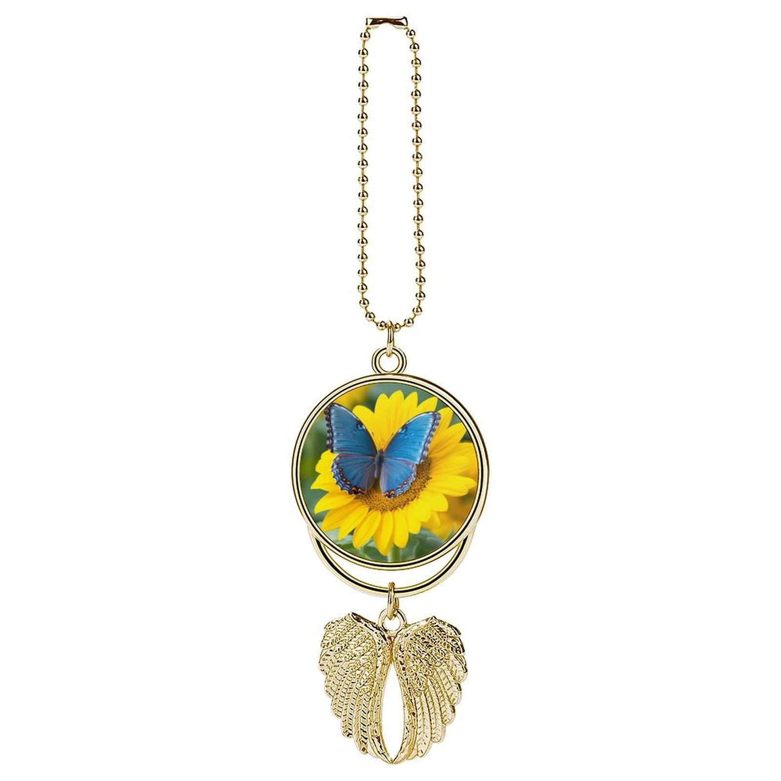 Sunflower Blue Butterfly Car Charm Alloy Car Rear View Mirrors Hanging Ornaments Stylish Car Pendant Funny Auto Hanging Accessories Car Hanging Ornaments Gift for Women Men