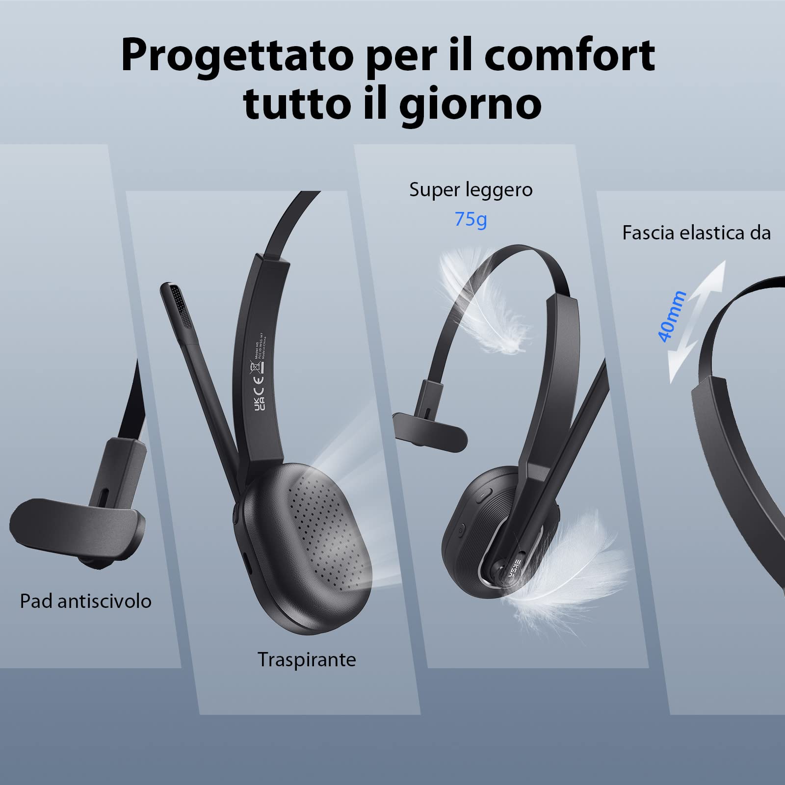 EKSA Cuffie Bluetooth con Microfono e Cancellazione Rumore, Dongle USB, 45h Autonomia e 10m Portata, Cuffie con Filo per PC, Teams, Ufficio, Call Center