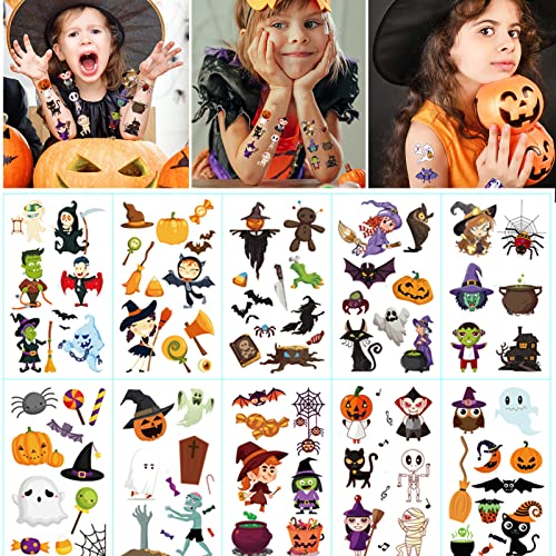 Probuk 10 pcs Tatouage Temporaire Enfant, Etanche Tatouage Ephémère de Halloween,Halloween Tatouage pour Cadeau Annivairesaire,Autocollants De Tatouages Fantômes De Sorcière De Citrouille Drôles Cover