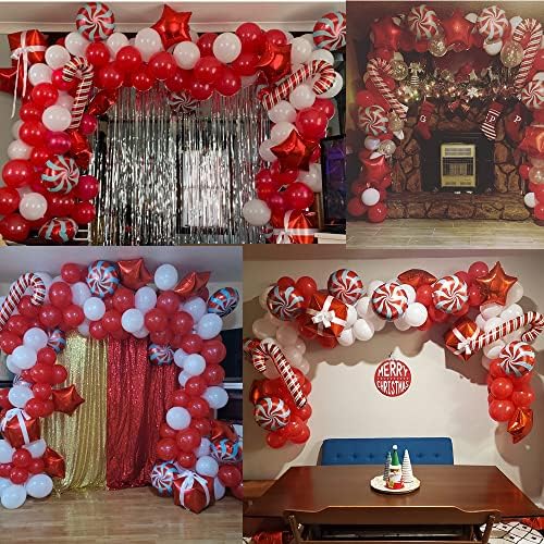 Christmas Balloon Garland Arch Kit Red White Balloons Candy Balloons Gift Box Balloons Red Star Balloons for Christmas Party Decorations