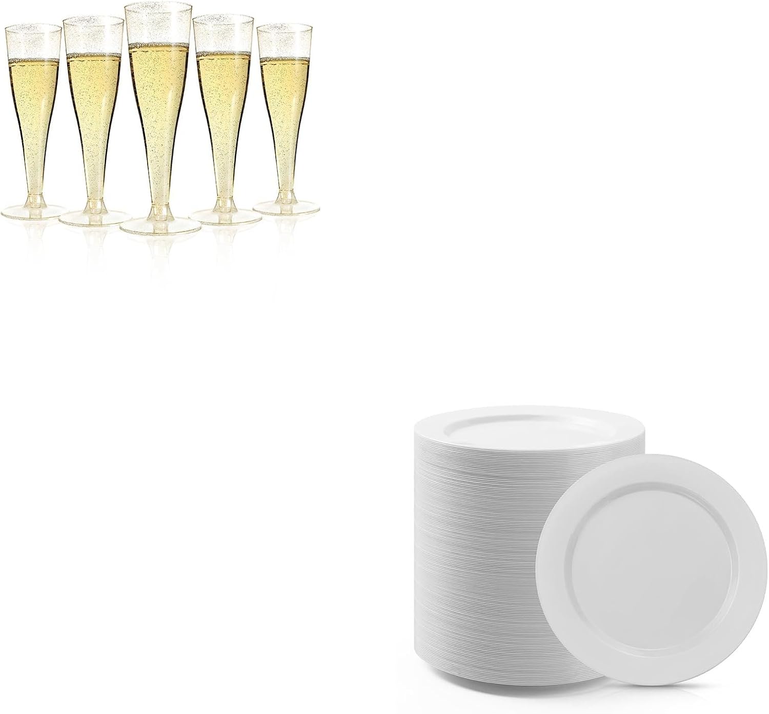 Bestluck 100 Pack Champagne Flutes Plastic, Premium Hard 100 PCS 10.25 inch White Plastic Dinner Plates, Disposable Set for Parties, Weddings and All Occasions