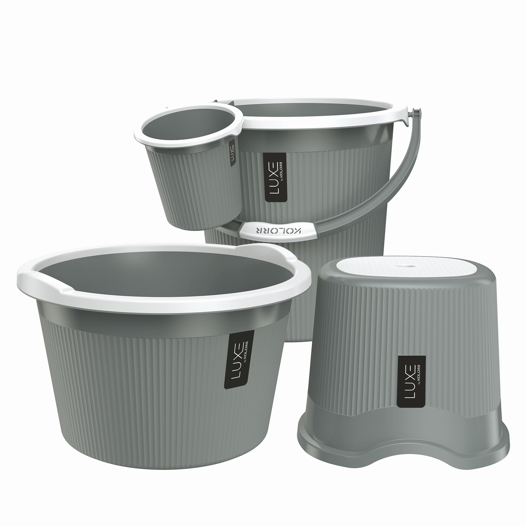 KOLORR Luxe Bathroom Set (Bucket 20L x 1) + (Mug 1.5L x 1) + (Luxe Patla x 1) + (20L Tub x 1)|Sturdy and Durable |Lightweight| Easy to Clean and Attractive Design|Pack of 4| PNT Grey 431C-image-29