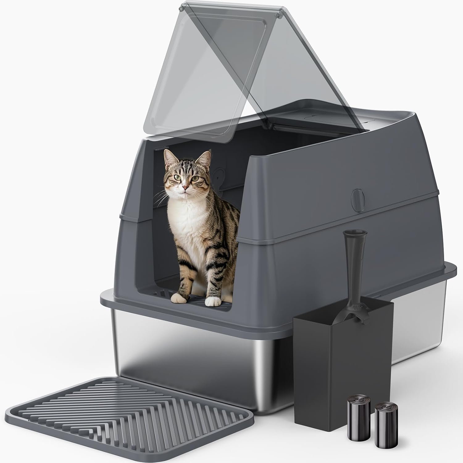 Enclosed Stainless Steel Cat Litter Box with Lid, FILP-Top High Sided Enclosure Metal Litter Boxes with Scoop Set for Big Cats, Non-Sticky, Anti-Leakage, Easy Cleaning,Transparent Grey XX-Large Dark Gray