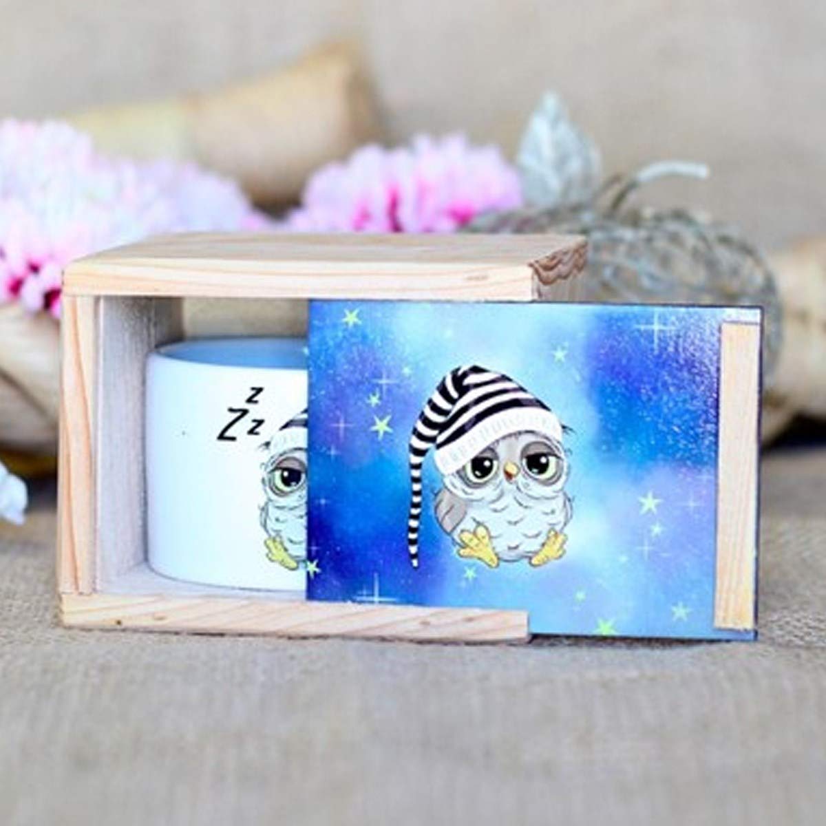 giftmoda Ahşap Kutusunda Sevimli Baykuş Kupa Bardak
