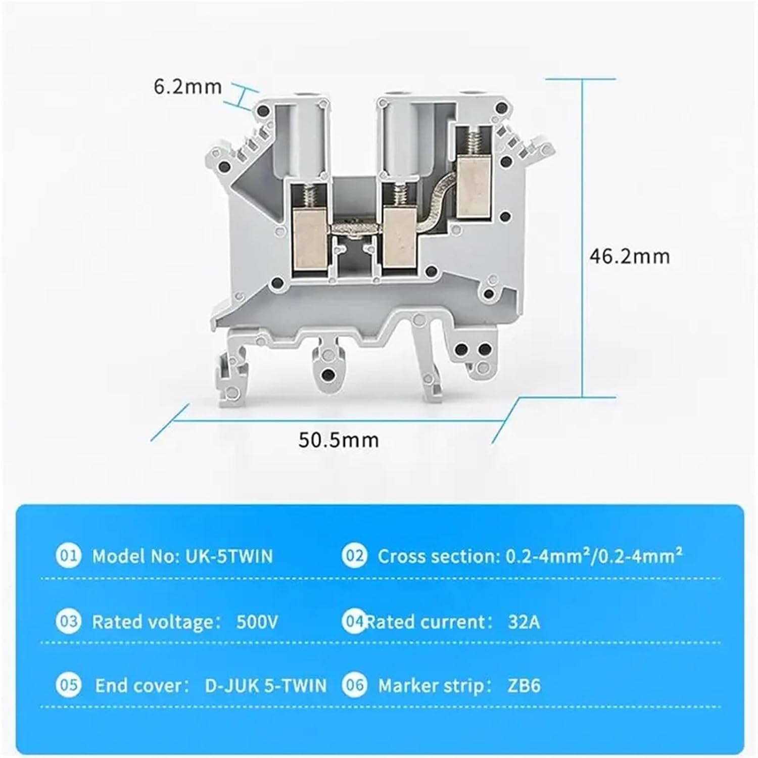 UK-5-TWIN DIN Terminal 10Pcs Multi Conductor 3 Inputs Screw 24A 500V One in Two Out Distribution Block