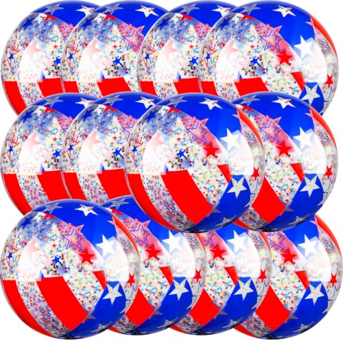 QOUBAI 12Pack Patriotic Glitter Beach Balls Bulk 16 Inch Inflatable Glitter Beach Balls Red White Blue Toy Ball Large 4th of July Pool Toys Summer Outdoor Swimming Pool Games Water Game Party Favor