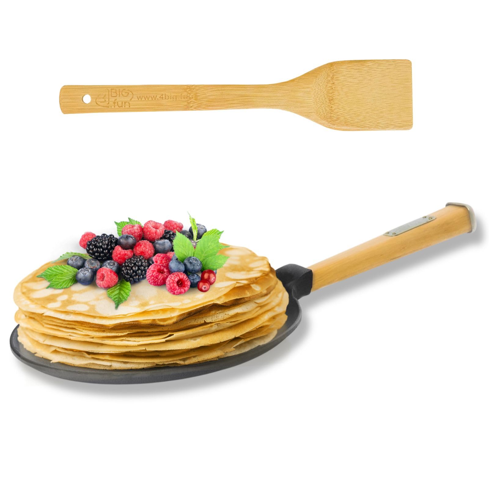 4big.fun Pancake Frying Pan Cast Iron with Removable Wooden Handle and Spatula 24 cm
