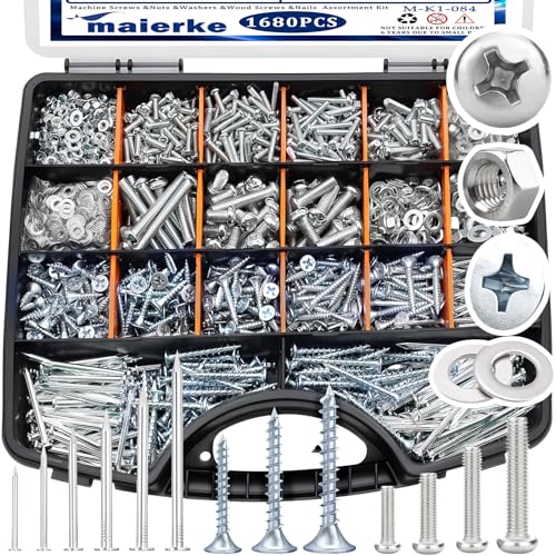maierke 1680 PCS High Hardness Screw Bolts and Nuts & Nails & Wood Screws Assortment Kit,M3/M4/M5/M6 Machine...