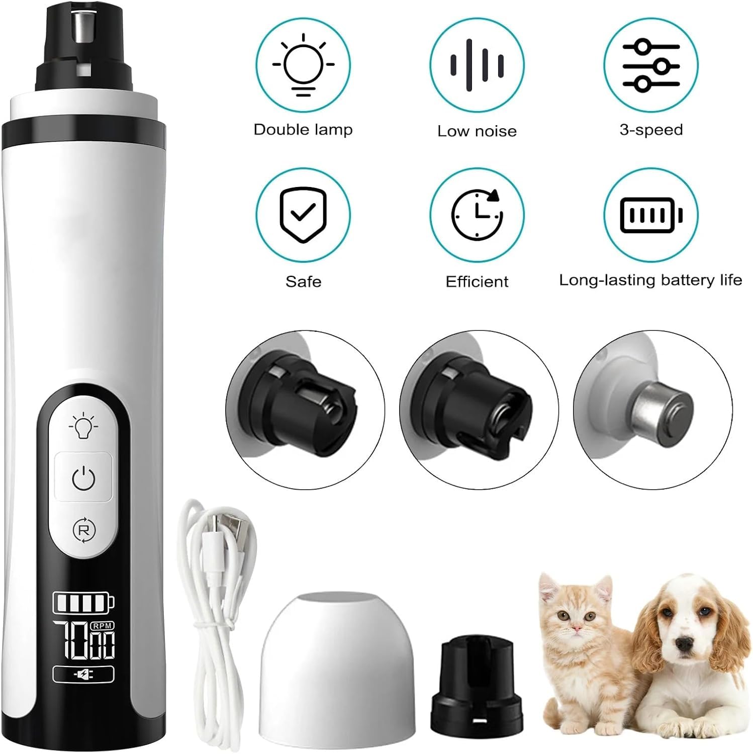 Molinillo de uñas mejorado para perros, carga USB rápida con cabezales de repuesto, herramienta de aseo de patas sin dolor