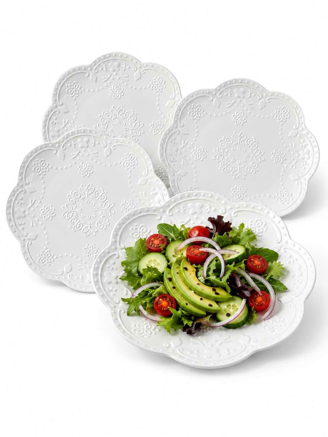 8 Inch Ceramic Salad Plates Set of 4, White Embossed Floral Butterfly Appetizer Plates with Scalloped Edge, Dessert Plates for Salad, Breakfast, Snacks, Microwave Oven Dishwasher Safe Ceramic