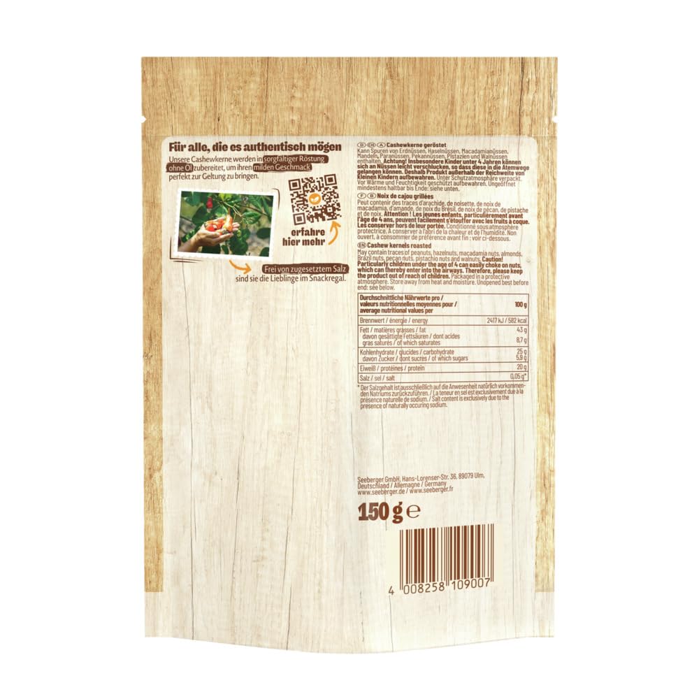 Seeberger Cashewkerne geröstet 5er Pack: Knackige Cashew Nüsse schonend veredelt - Snack ohne Salz, vegan (5 x 150 g)