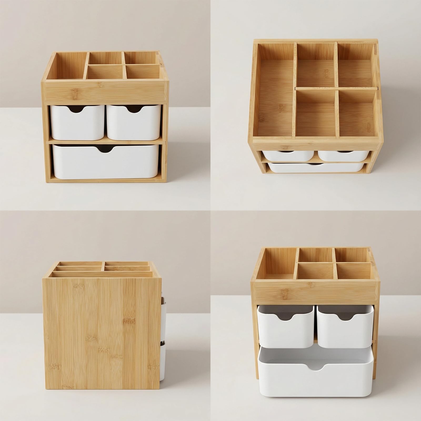Bambus-Make-up-Organizer mit 3 Schubladen, Kommode, Kosmetik-Organizer, Bambus-Schreibtisch-Organizer für Zuhause mit verstellbaren Trennwänden