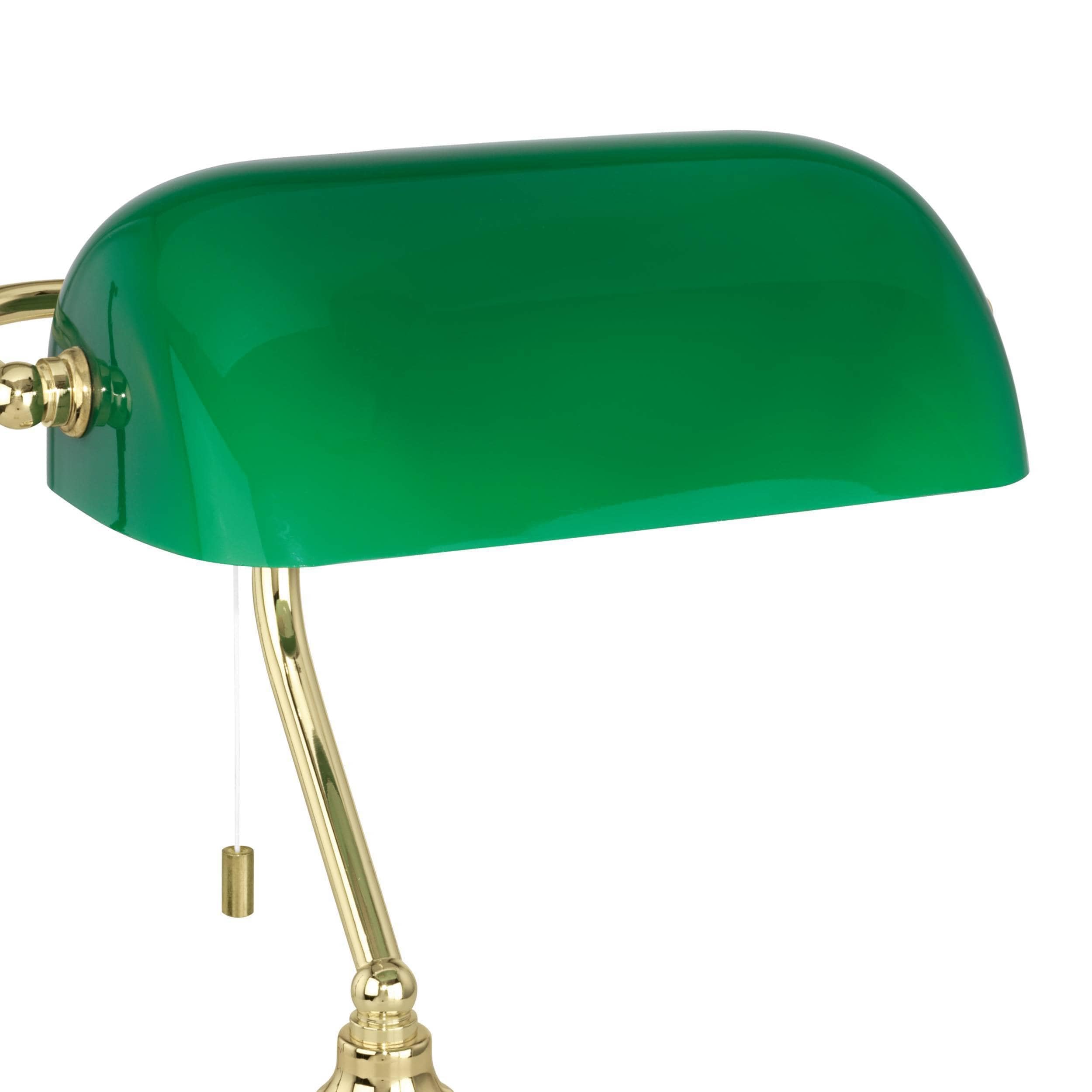 EGLO Tischlampe Banker, 1 flammige Tischleuchte Vintage, Retro, Art Deco | Klassik, Schreibtischlampe aus Stahl und Glas, Nachttischlampe, Bürolampe, Messing, Grün, Lampe mit Zug-Schalter, E27 Fassung