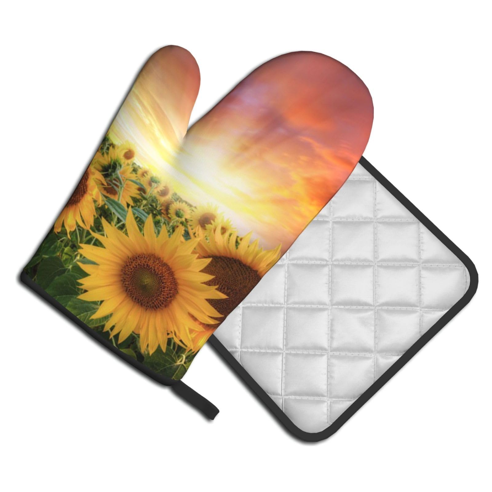 Oven Mitts and Pot Holders Set of 2 Pcs, Sunflowers Sunset Sunlight Landscape Printed Heat Resistant Kitchen Gloves Potholders for Cooking Baking Grilling