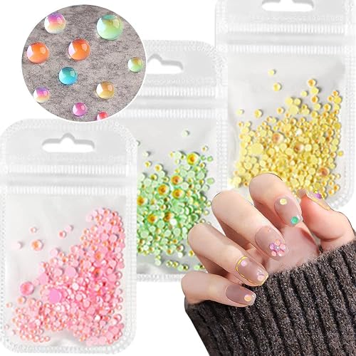 3D Crystal Glass Mermaid Rhinestones, Pink Yellow 3D Aurora Mermaid Round Glass Flatback Rhinestones for Nails for Women DIY Manicures Salon Accessories