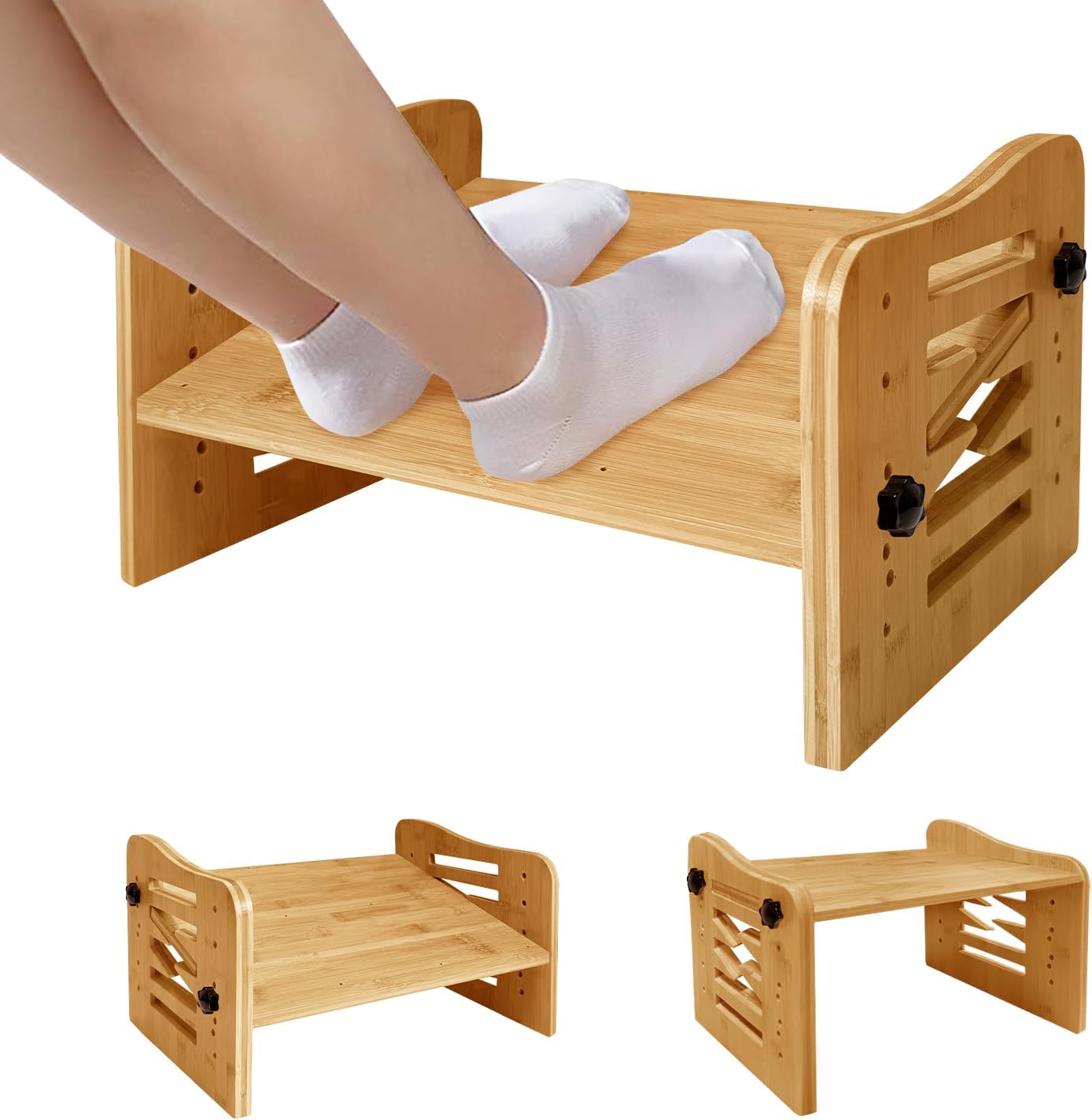 Myplace Bamboo Adjustable Under Desk Footrest, Ergonomic Foot Rest with 7-Level Adjust at Work, Slanted Foot Stool for Home Office Kitchen Bedroom (Burlywood)