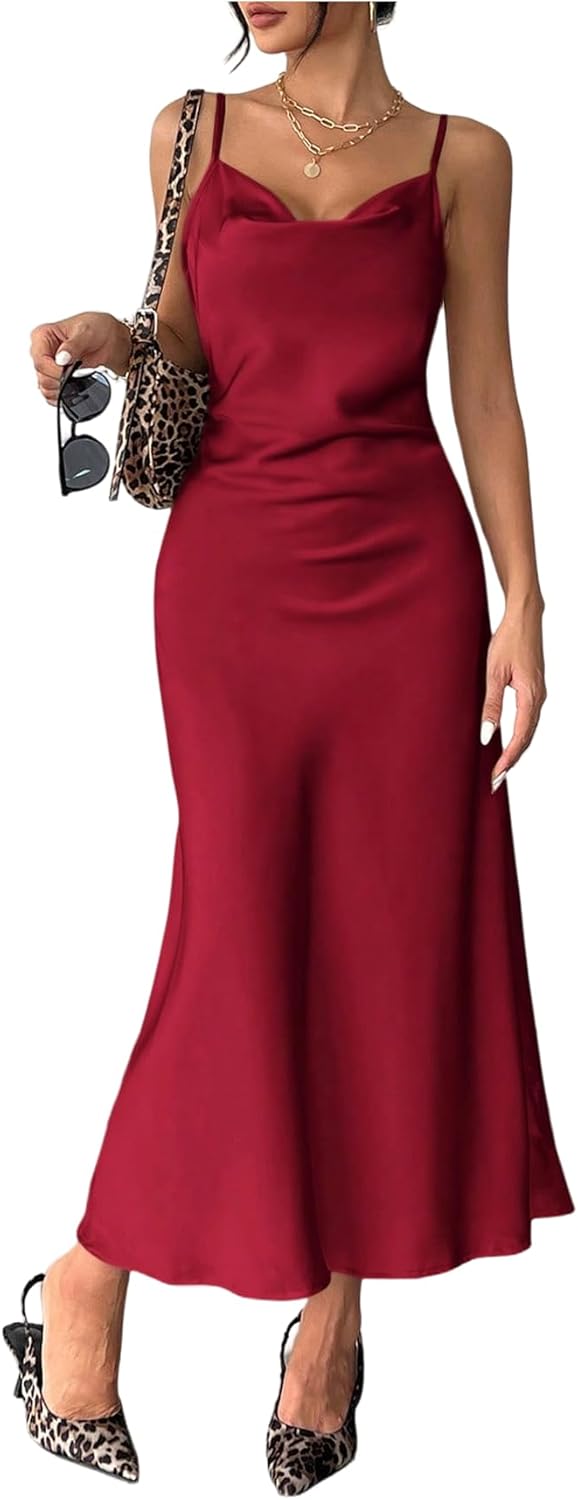 Milumia Women's Satin Spaghetti Strap Long Maxi Dress Cowl Neck Sleeveless Cocktail Party Dresses