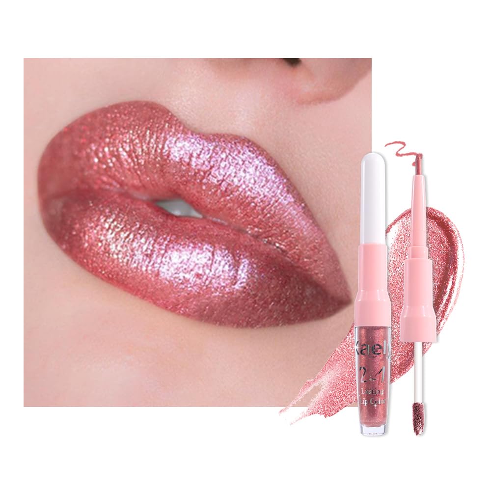 evpct Pine Red Metallic Glitter Lip Liner and Lipstick Combo Lip Gloss Stain Set Makeup for Women Long Lasting Waterproof 24, Warm Pink Metallic