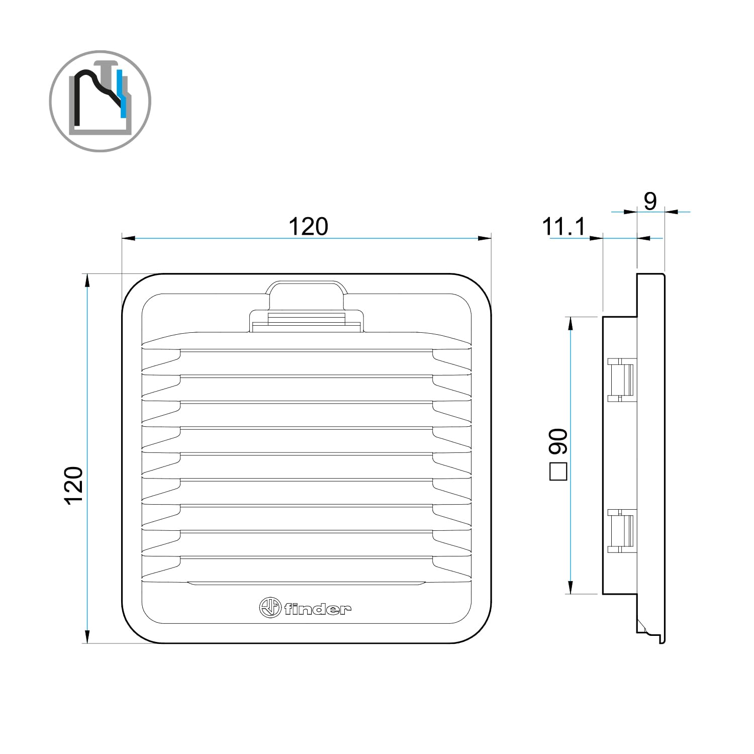Finder Filtro di scarico per ventilatori con filtro 7F.02. Facilmente sostituibile e caratterizzato da una profondità minima per ottimizzare lo spazio all'interno del quadro. Colore Grigio RAL 7035
