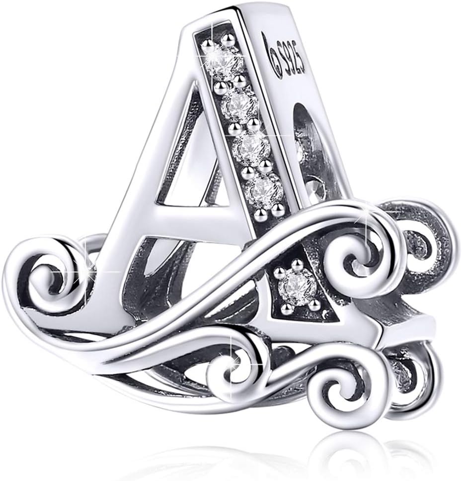 BISAER 925 Sterling Silver Initial Letter A-Z Charms for Bracelets Alphabet Beads Charm Jewelry Gifts