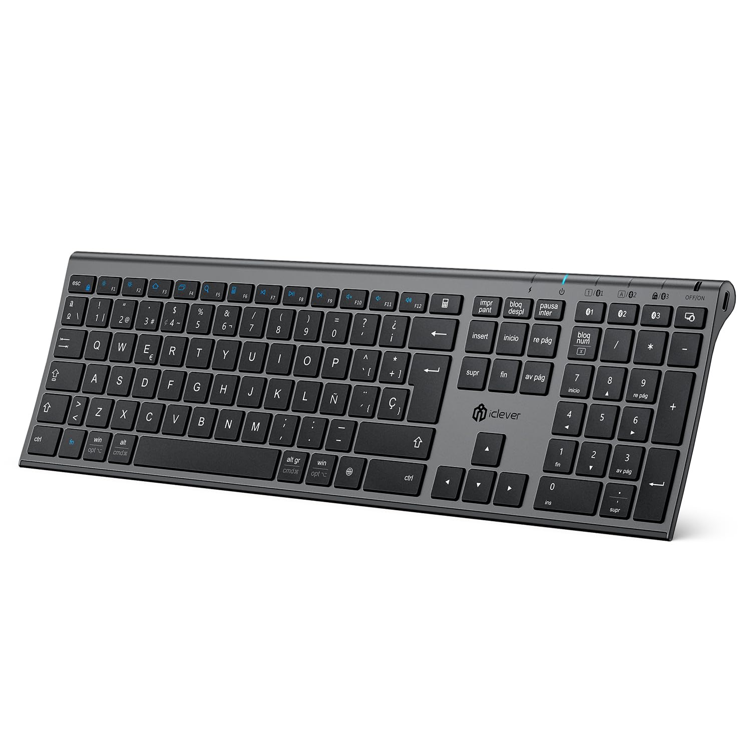 iClever Teclado Bluetooth BK23-QWERTY Español Teclado Inalámbrico para Mac con Batería Recargable Tamaño Completo Dedo Multidispositivo Multi-OS Gris Negro