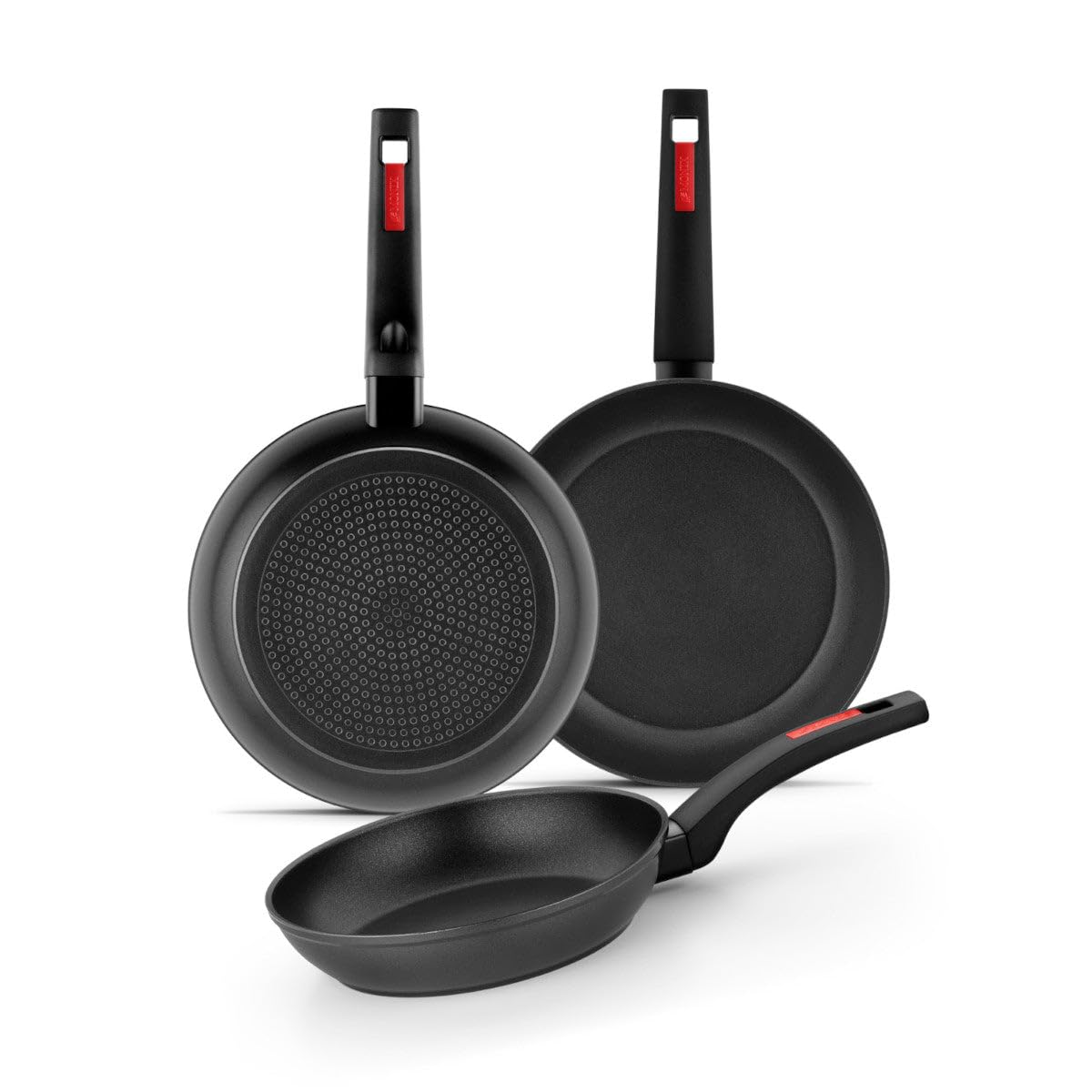 MONIX Sunset | Set de 3 sartenes 18-22-26 cm, aluminio forjado, antiadherente, mango baquelita, apta para todo tipo de cocinas, incluido inducción