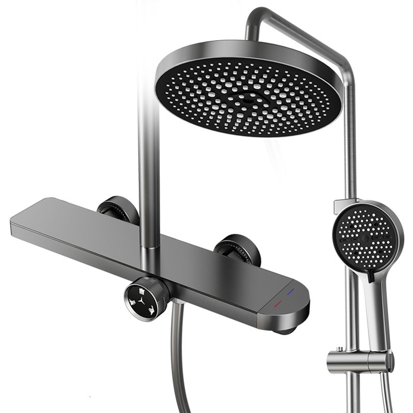 Colonna Doccia con Cascata e Soffione Doccia Rotondo Regolabile | Grigio Canna di Fucile Doccetta in Abs Kit Doccia a Muro Moderna Altezza Regolabile