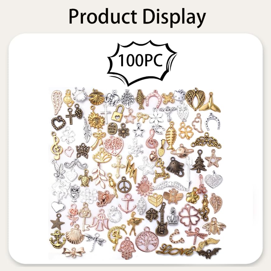 Image of Zibuyu 100Pcs Mixed Charms for Jewelry Making, Vintage Metal Pendants | with Lobster Clasps, DIY Bracelet & Jewellery Making Materials Kit with Charms, for Necklaces, Earrings, Keychains (7 Colors)