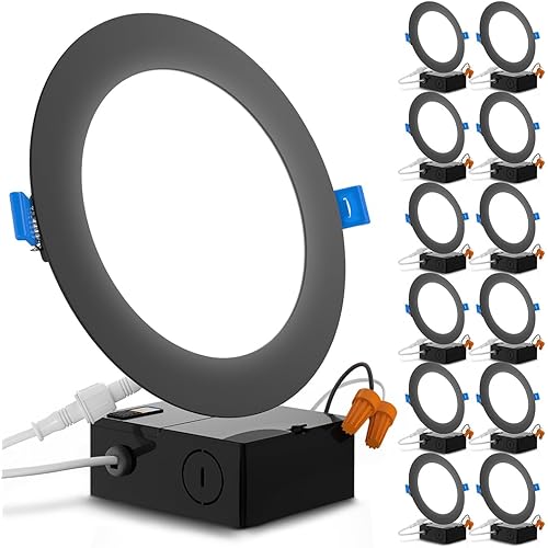 Sunco 12 Pack 6 Inch Ultra Thin LED Recessed Ceiling Lights Slim, Selectable CCT 2700K/3000K/3500K/4000K/5000K, Dimmable 14W, Smooth Trim, Wafer Thin, Canless with Junction Box, Black - Energy Star